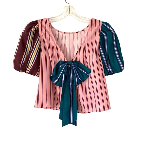 Maeve Anthropologie Taffeta Bow Swing Blouse Puff Sleeve size XS Pink Stripe - Picture 7 of 10